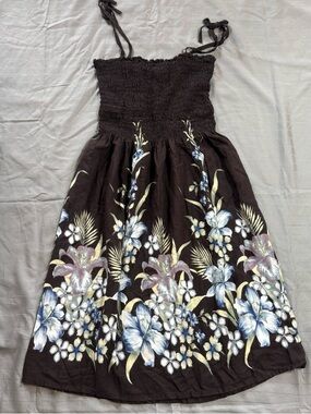 Hibiscus Hawaii One Size Brown Floral Smocked Halter Dress Tina Creation